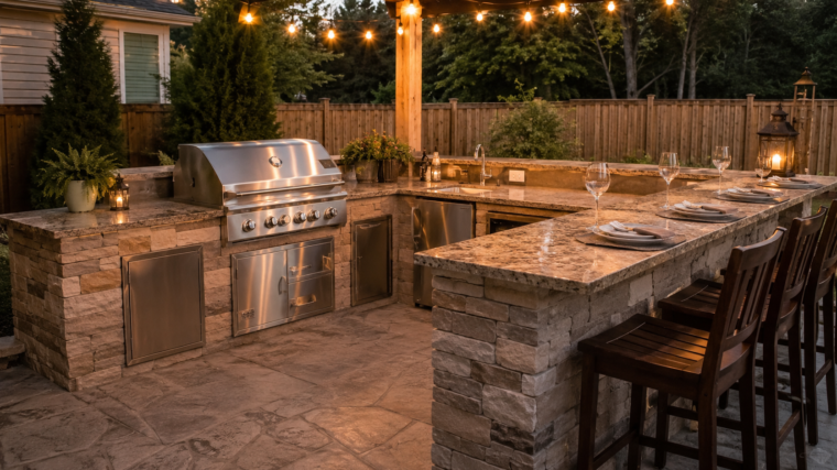 Stone outdoor kitchen with built-in grill, granite bar and string lights at dusk