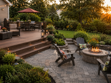 Wooden deck stepping down to a paver patio with fire pit at golden hour
