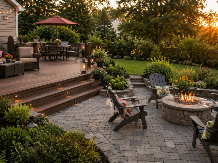 Wooden deck stepping down to a paver patio with fire pit at golden hour
