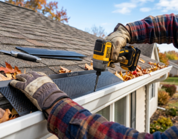Homeowner installing a mesh gutter guard on a roofline with autumn leaves