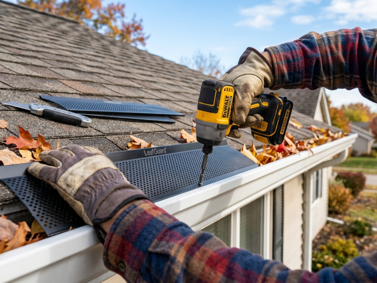 Homeowner installing a mesh gutter guard on a roofline with autumn leaves