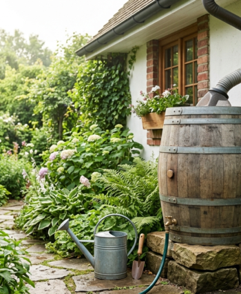Rustic rain barrel connected to a downspout beside a cottage garden path