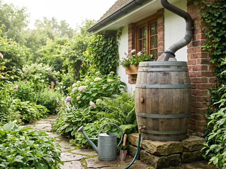 Rustic rain barrel connected to a downspout beside a cottage garden path