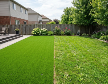 Backyard split between artificial turf and natural lawn showing the visible seam