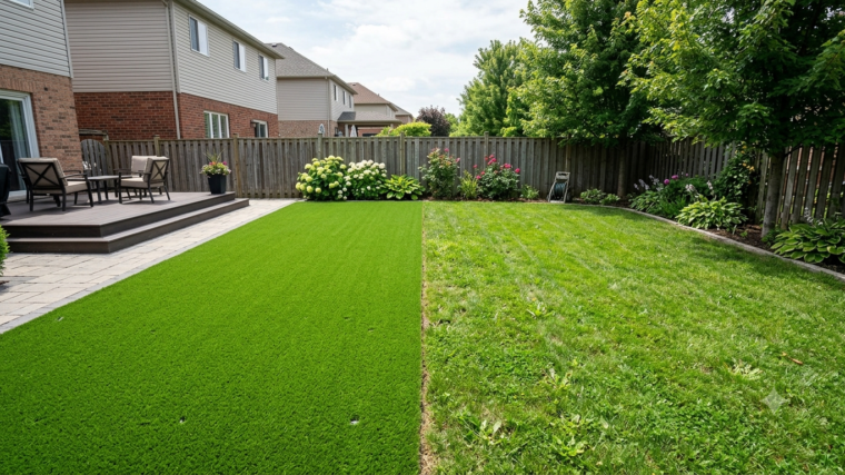 Backyard split between artificial turf and natural lawn showing the visible seam
