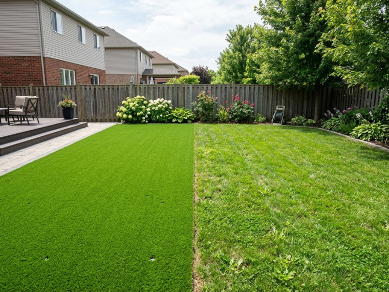 Backyard split between artificial turf and natural lawn showing the visible seam
