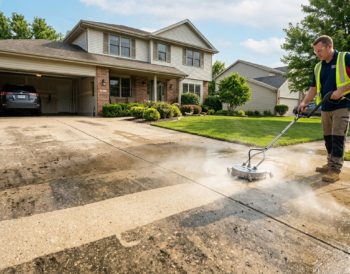 Professional pressure washing a dirty concrete driveway in front of a suburban home