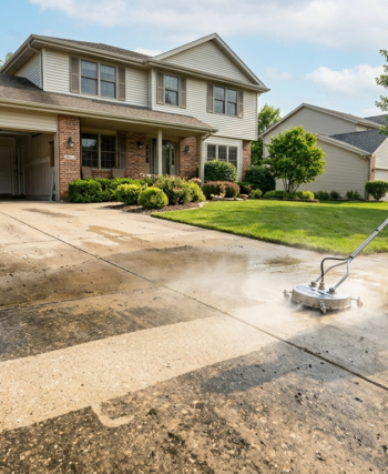Professional pressure washing a dirty concrete driveway in front of a suburban home