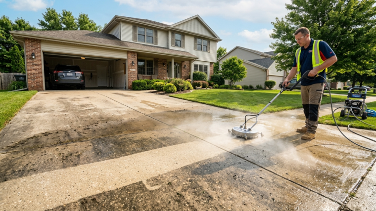 Professional pressure washing a dirty concrete driveway in front of a suburban home