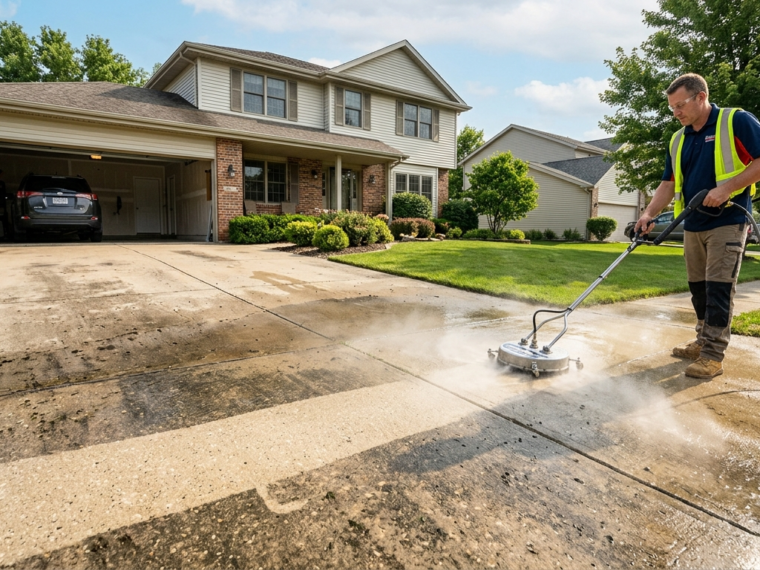 Professional pressure washing a dirty concrete driveway in front of a suburban home