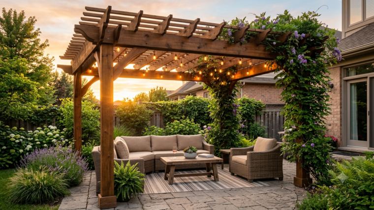 Wooden pergola with string lights and climbing vines over a backyard patio at sunset