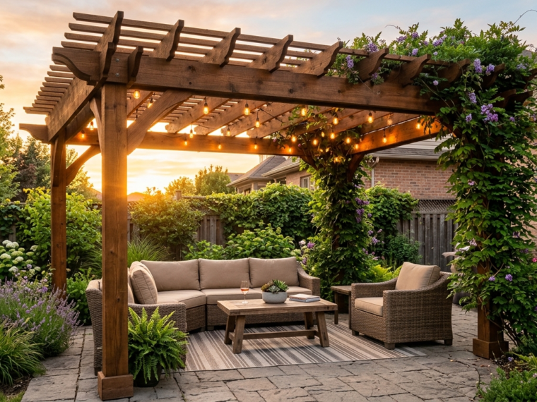 Wooden pergola with string lights and climbing vines over a backyard patio at sunset