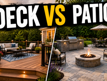 Comparison of a raised wooden deck and a paved stone patio in a landscaped backyard