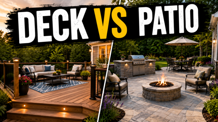 Comparison of a raised wooden deck and a paved stone patio in a landscaped backyard