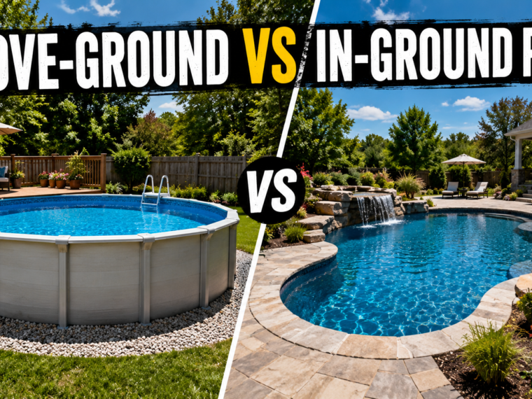 Side-by-side comparison of a round above-ground pool with decking and a landscaped in-ground pool with stone surround