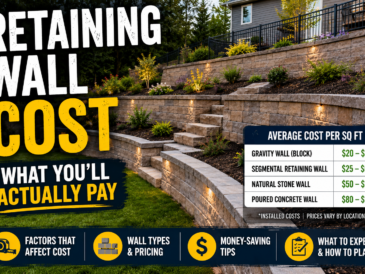 Tiered block retaining wall with garden planting and step lighting, alongside average retaining wall cost per square foot by material