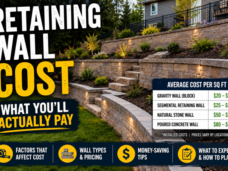 Tiered block retaining wall with garden planting and step lighting, alongside average retaining wall cost per square foot by material