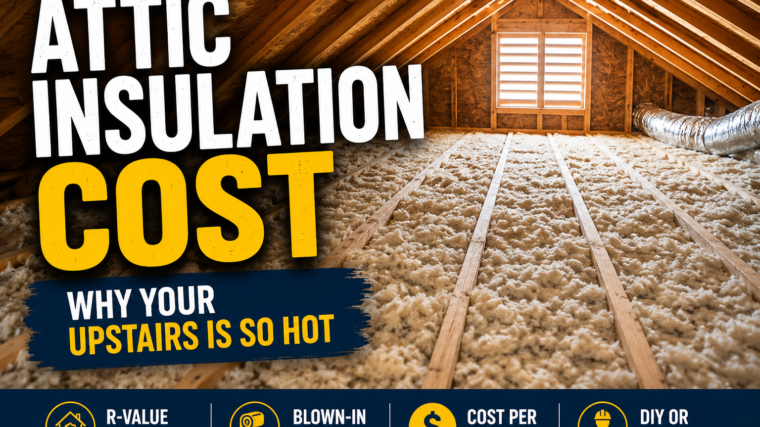 Attic interior with blown-in insulation between roof joists, illustrating attic insulation cost