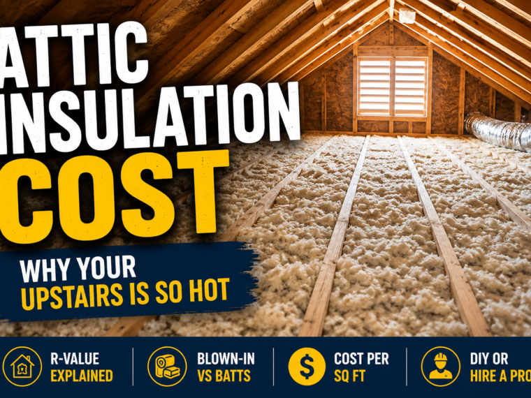 Attic interior with blown-in insulation between roof joists, illustrating attic insulation cost