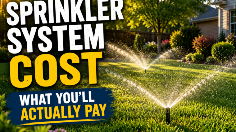 In-ground sprinkler heads watering a green suburban lawn in morning sunlight