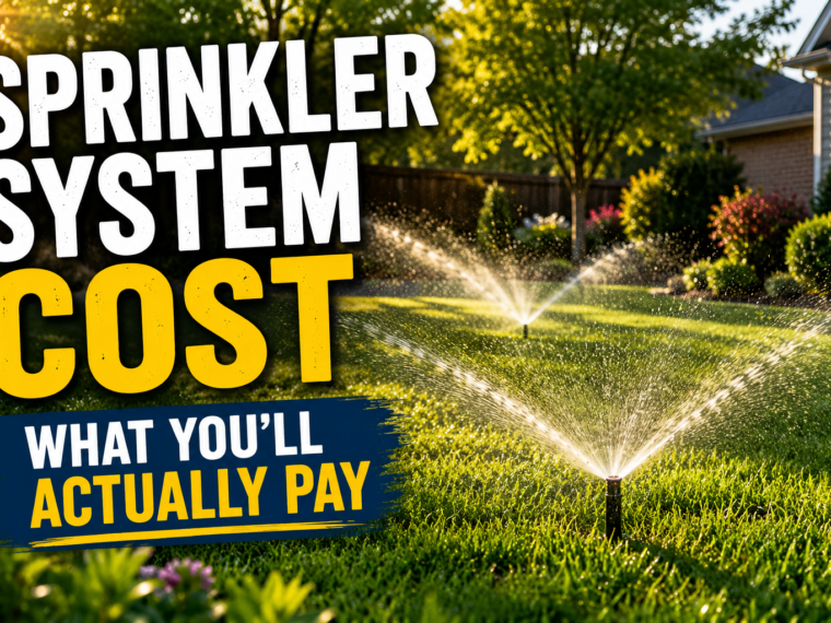 In-ground sprinkler heads watering a green suburban lawn in morning sunlight