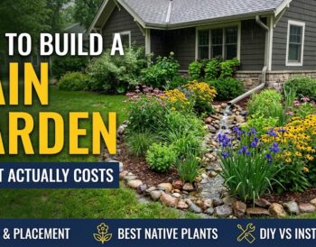 Planted rain garden basin beside a house with native perennials and river-rock edging