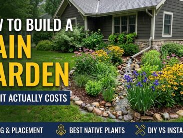 Planted rain garden basin beside a house with native perennials and river-rock edging