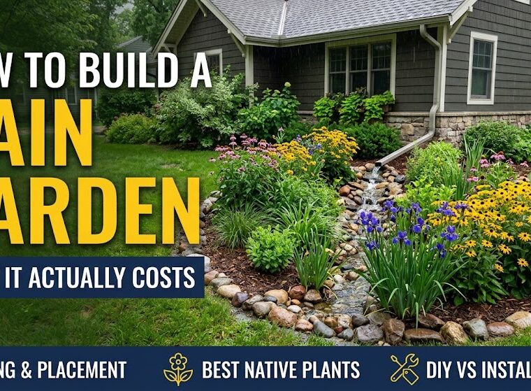 Planted rain garden basin beside a house with native perennials and river-rock edging