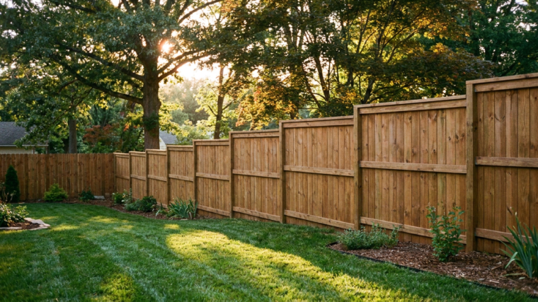 New pressure-treated wood privacy fence along a suburban backyard, showing stepped panels on sloped ground