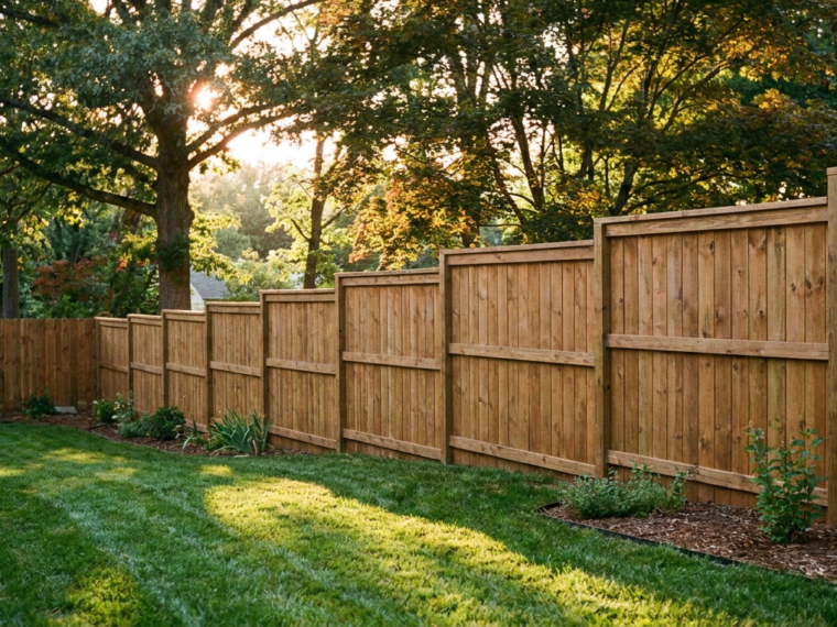 New pressure-treated wood privacy fence along a suburban backyard, showing stepped panels on sloped ground