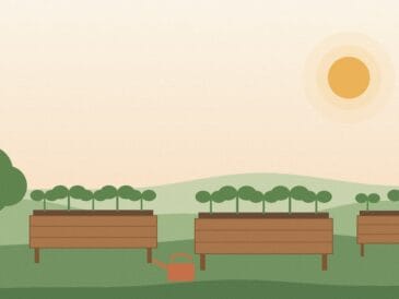 Illustration of three wooden raised garden bed kits with young seedlings and a terracotta watering can