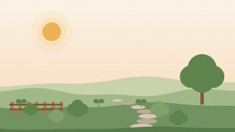 Illustration of a landscaped yard with a stone path, trimmed shrubs, wooden fence and tree, representing professional landscaping costs