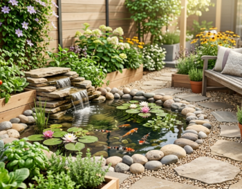 Small backyard pond with waterfall, water lilies and koi surrounded by greenery