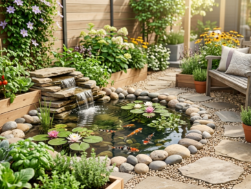 Small backyard pond with waterfall, water lilies and koi surrounded by greenery