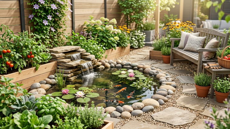 Small backyard pond with waterfall, water lilies and koi surrounded by greenery