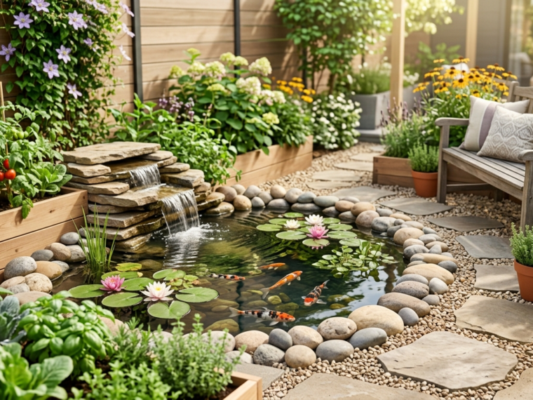 Small backyard pond with waterfall, water lilies and koi surrounded by greenery