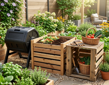 Compost tumbler, wooden compost bin and DIY pallet setup in a backyard garden