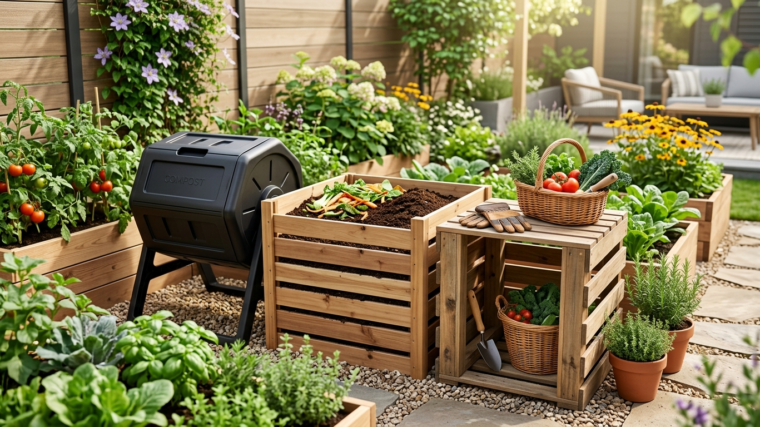 Compost tumbler, wooden compost bin and DIY pallet setup in a backyard garden