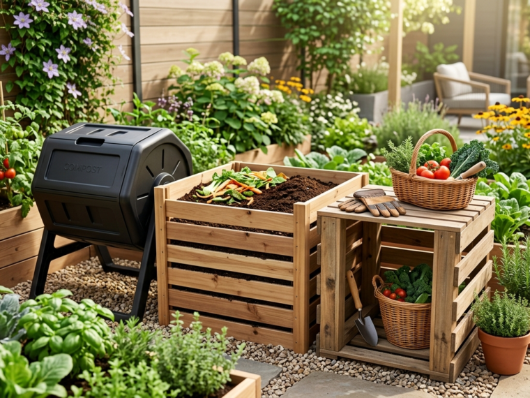 Compost tumbler, wooden compost bin and DIY pallet setup in a backyard garden