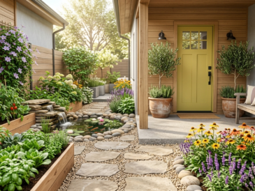 Charming home entrance with painted front door, potted plants and a tidy walkway