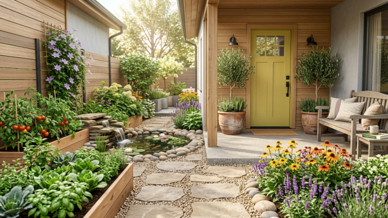 Charming home entrance with painted front door, potted plants and a tidy walkway