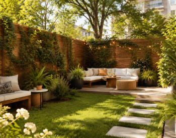 Backyard with a tall wood privacy fence, climbing greenery and garden beds