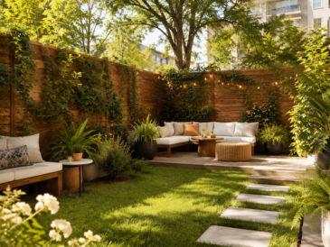Backyard with a tall wood privacy fence, climbing greenery and garden beds