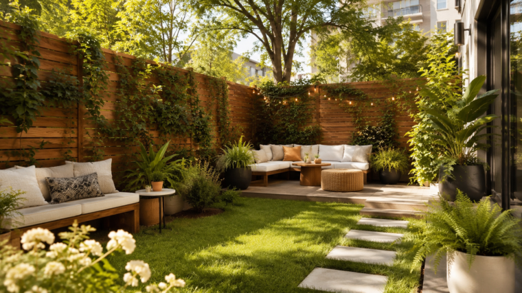 Backyard with a tall wood privacy fence, climbing greenery and garden beds