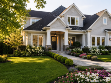 Attractive suburban home with manicured lawn, hedges and flower beds