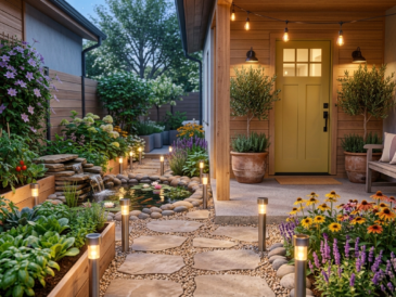 Garden pathway lined with glowing solar stake lights at dusk