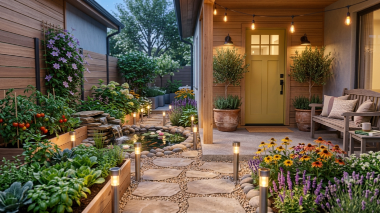 Garden pathway lined with glowing solar stake lights at dusk