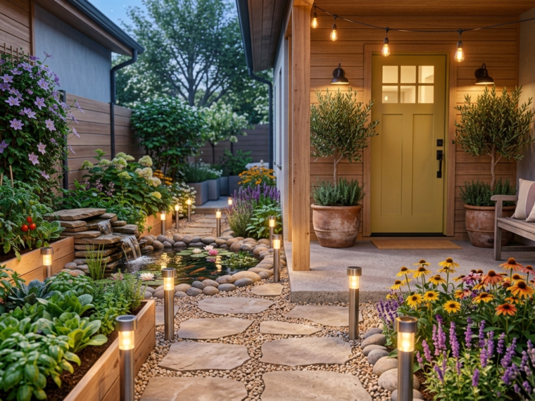 Garden pathway lined with glowing solar stake lights at dusk