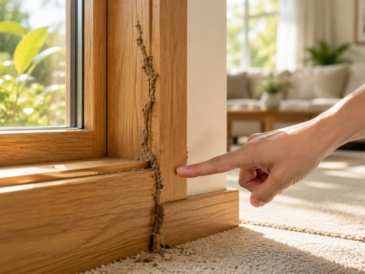 Homeowner pointing to termite mud tubes on a wooden window frame