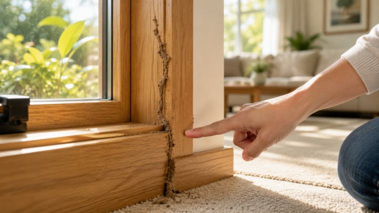 Homeowner pointing to termite mud tubes on a wooden window frame